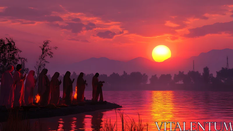 Riverbank silhouettes trade prayers with a blazing crimson sun