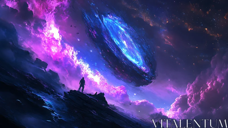 Silhouette observes rotating blue nebula amid magenta clouds