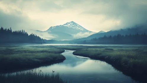 Atmospheric alpine river valley in muted digital painting style.