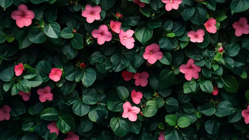 Pink Impatiens Blooming in Lush Garden Shade.