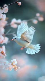 Ivory dove mid-flight dancing through cherry blossoms.
