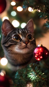 Wide-eyed holiday cat studying a sparkling red ornament.