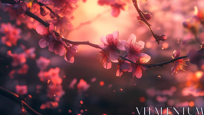 Cherry blossoms backlit by warm golden-orange sunset light.