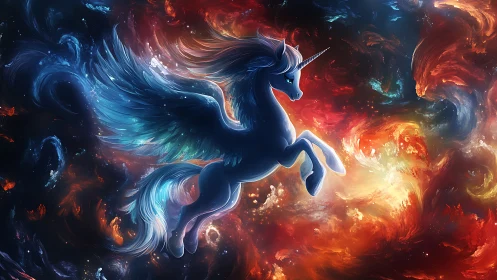 Winged blue unicorn in swirling cosmic nebula scene.