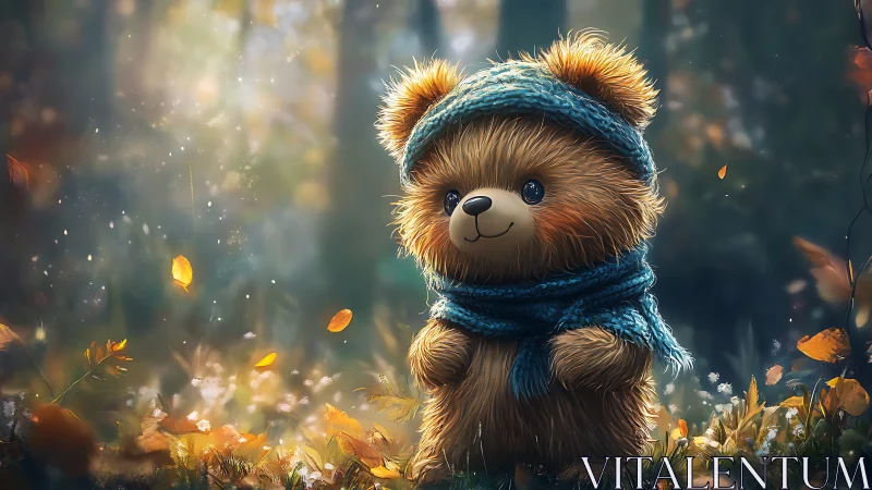 Autumn forest teddy bear wrapped in knitted teal scarf.