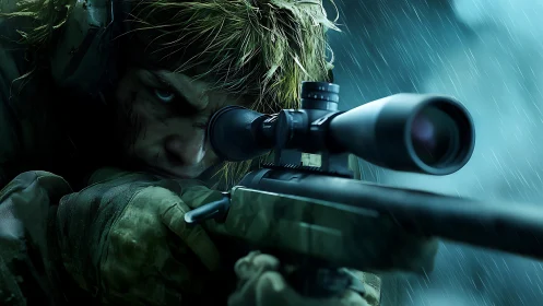 Sniper in rain with scoped rifle aiming intently through crosshairs.
