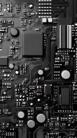 Monochrome motherboard close-up with dense chip layout.