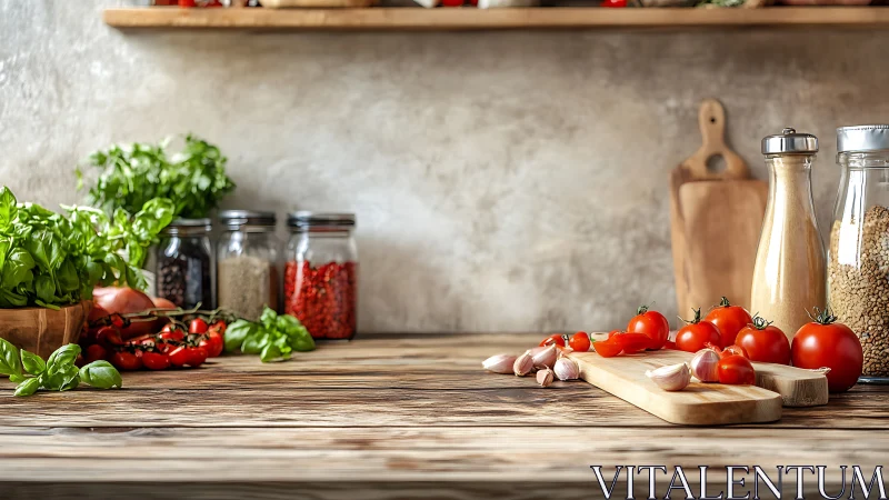Rustic kitchen counter displays fresh tomatoes, herbs, spices