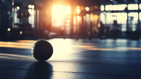 Solitary fitness ball basking in molten sunrise gym haze.