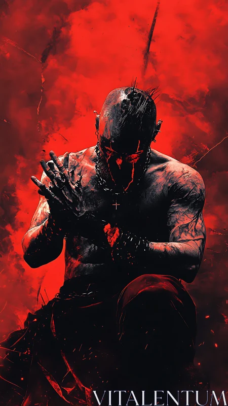 Kneeling warrior emerges from infernal red particulate haze