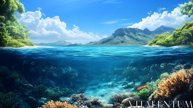 Coral kingdom glows beneath a sunlit tropical island sea.