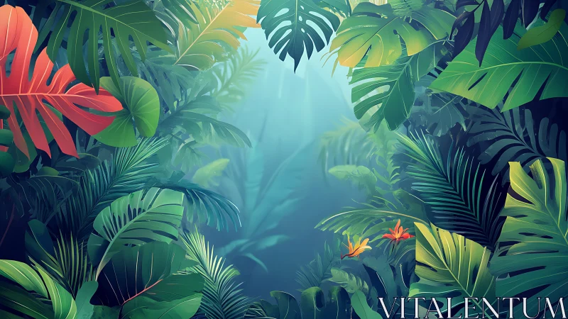 Lush digital jungle canopy framing a misty forest view.