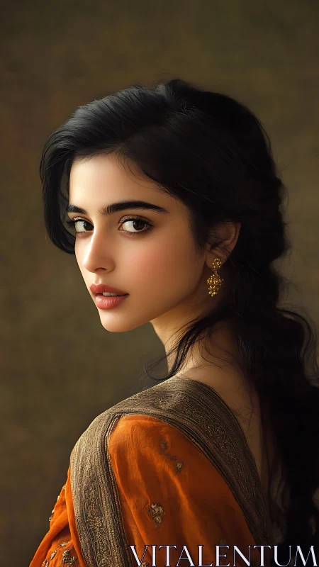 Elegant woman in ochre sari glows against muted backdrop