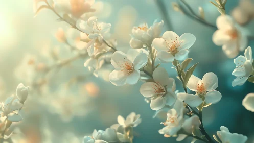 White Blossoms on Branches in Soft Focus.