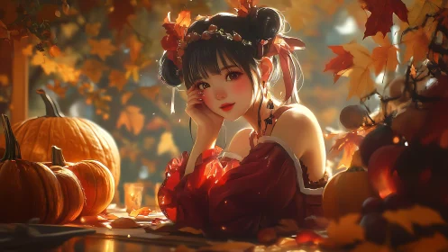 Young woman in red amid pumpkins and autumn foliage.