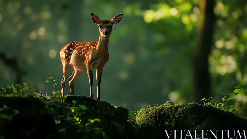 Young deer standing on mossy rocks in soft forest light.