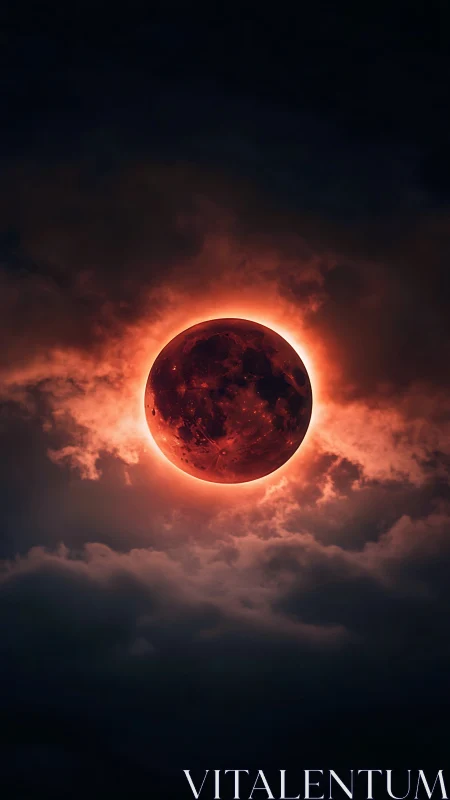 Glowing blood moon wrapped in soft stormy twilight clouds.