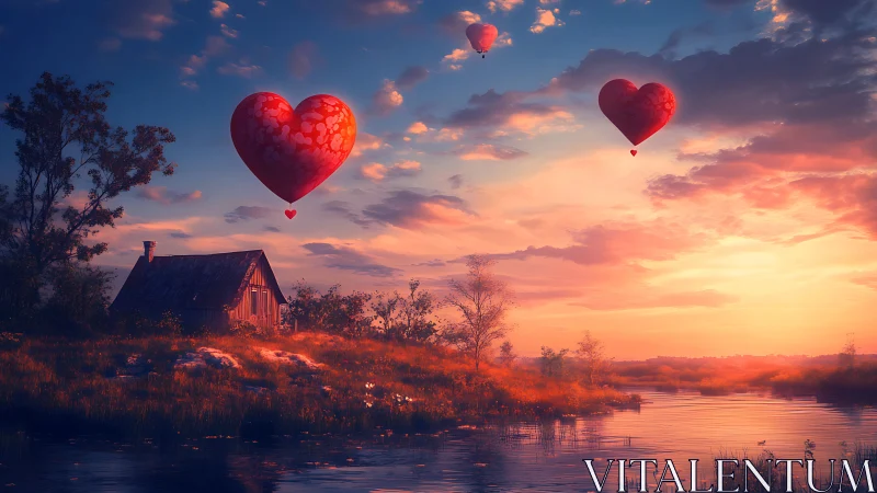 Romantic Heart Balloons Drifting Over Sunset Landscape with Rural Cottage.
