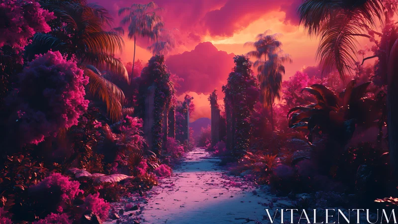 Neon jungle pathway glows beneath a surreal sunset sky.