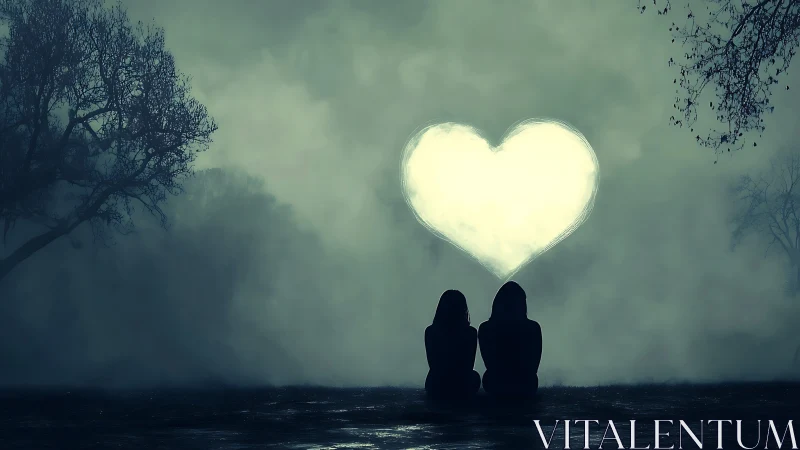 Two Silhouettes Beneath Luminous Heart Sky.