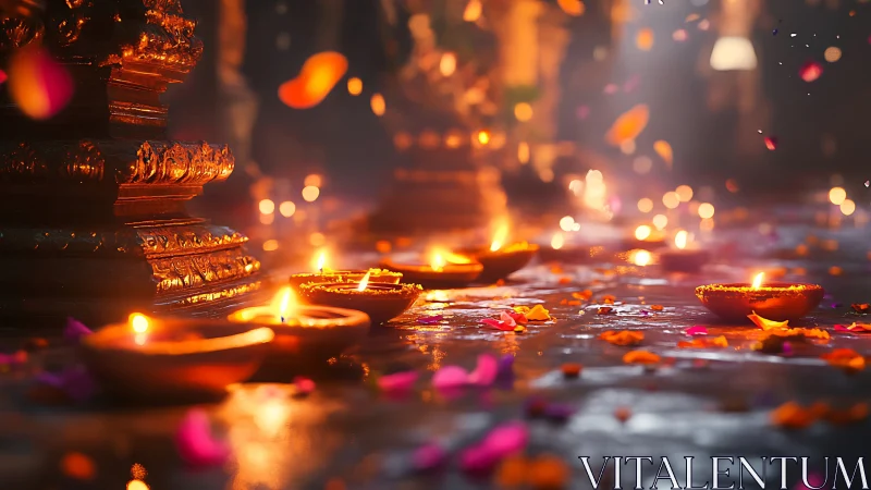 Oil-lit clay diyas with petal-strewn stone floor at twilight