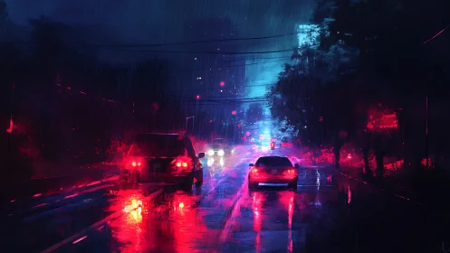 Neon-lit cars glide through a rainy cyberpunk city night.