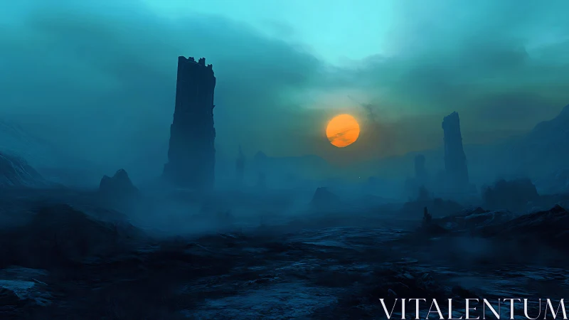 Ruined towers rise in a misty blue wasteland at eerie sunset