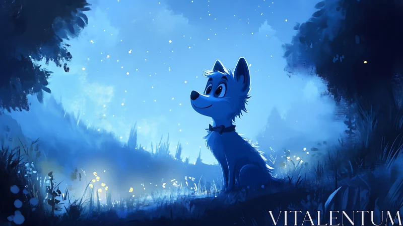 Blue nighttime forest scene with smiling cartoon dog.