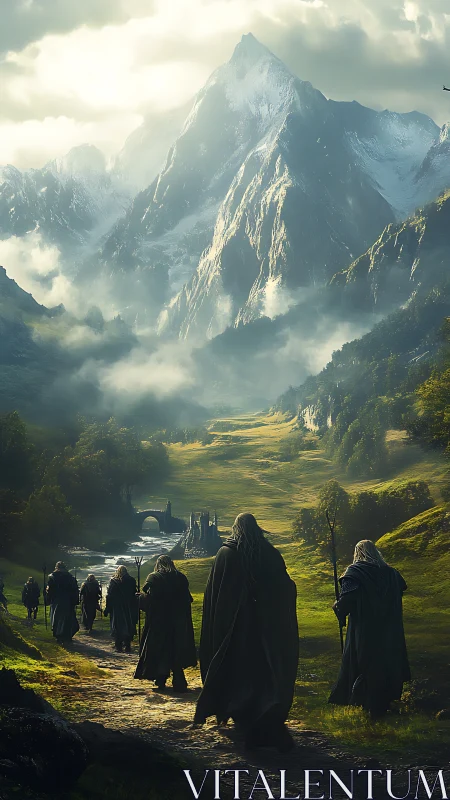Cloaked figures walking toward distant mountain fortress.