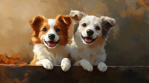 Two joyful puppies rest on ledge in warm painterly light
