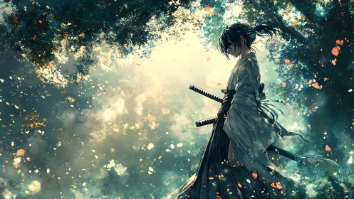 Quiet samurai wanderer bathed in soft forest light.