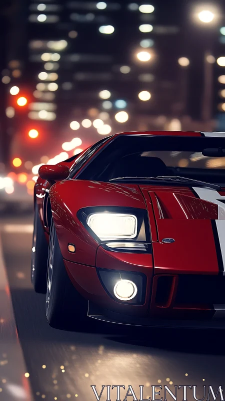 Red vintage race car cornering under night city bokeh lights