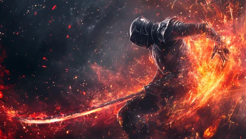 Hooded flame warrior carving light through smoky night.