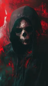 Hooded skeletal figure in red-black atmospheric digital painting