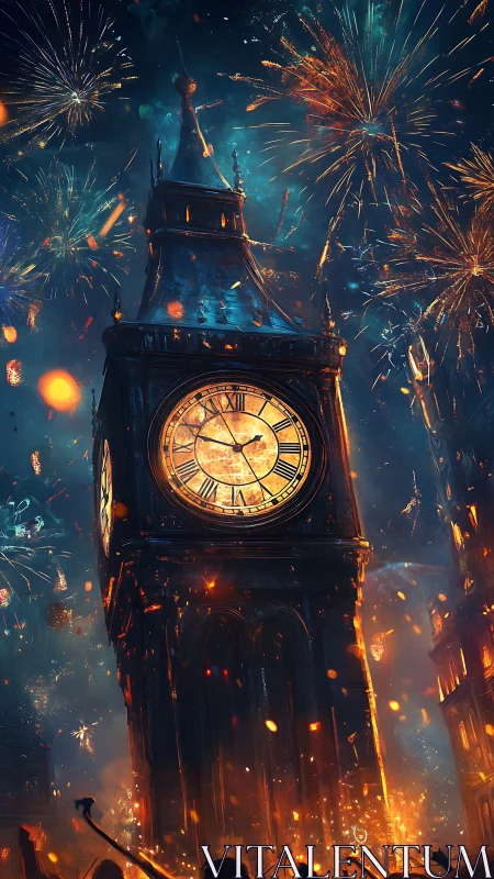 Illuminated clock tower amid explosive midnight fireworks display.