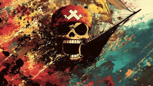 Explosive pirate skull illustration merges ship and storm chaos