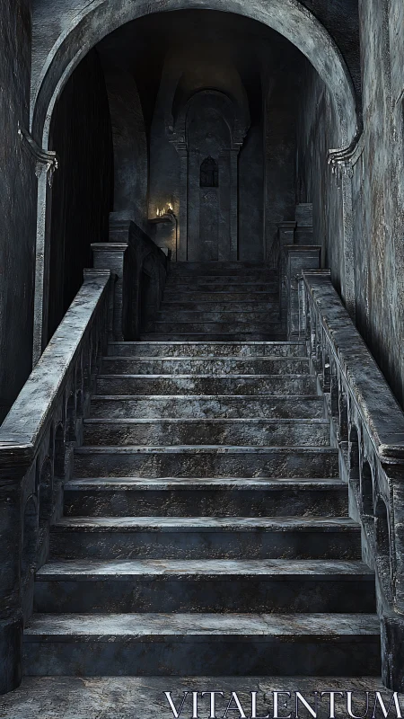 Shadowed stone staircase leading into quiet mystery.