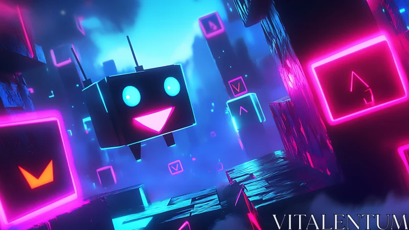 Neon voxel robot avatar in floating cyber corridor environment