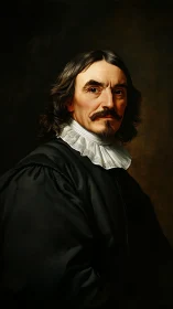 Baroque-style portrait of seated man in dark attire.