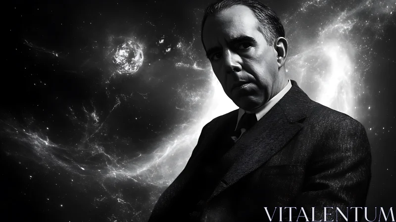 Thoughtful traveler framed by swirling cosmic night sky.