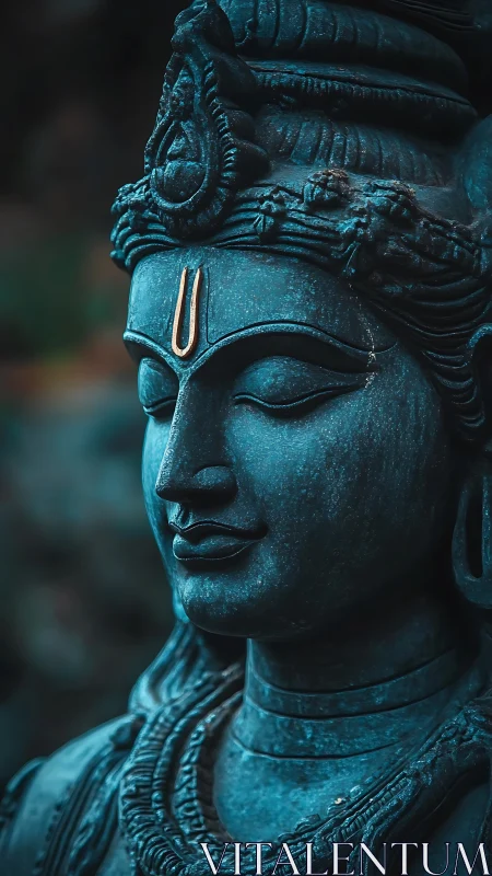 Serene stone deity portrait in teal-toned shallow depth focus.