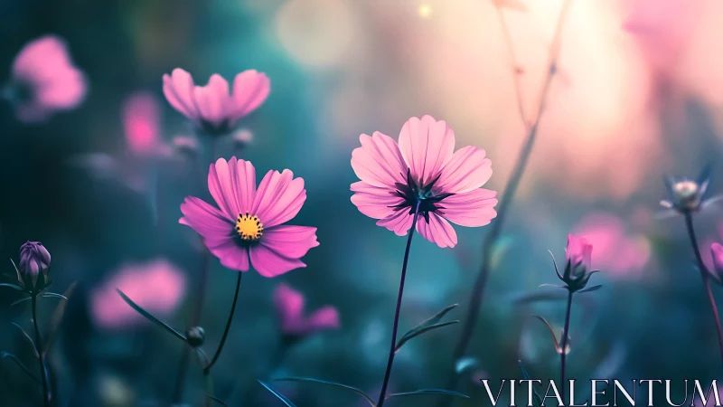 Pink cosmos flowers with blurred background in shallow depth of field