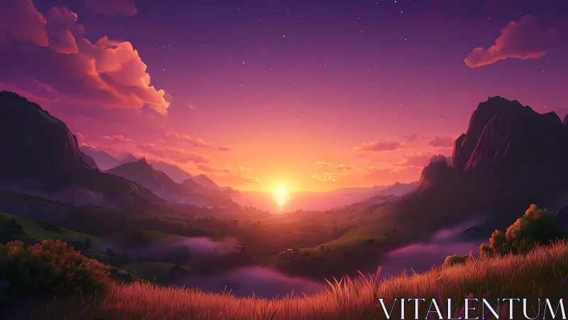 Gentle sunset glows over tranquil valleys and soft mountains