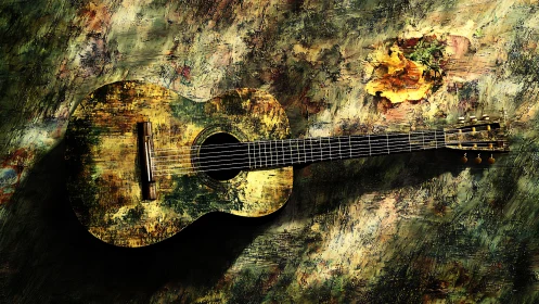 Textured acoustic guitar on abstract painted background.