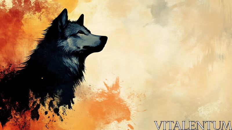 Wolf profile emerges against warm abstract splatter field