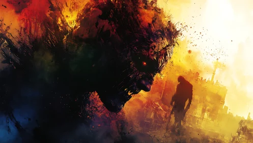 Apocalyptic undead portrait in explosive fiery color fields.