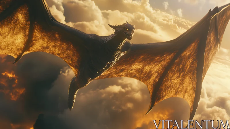 Majestic dragon soaring over glowing sunset clouds sky.