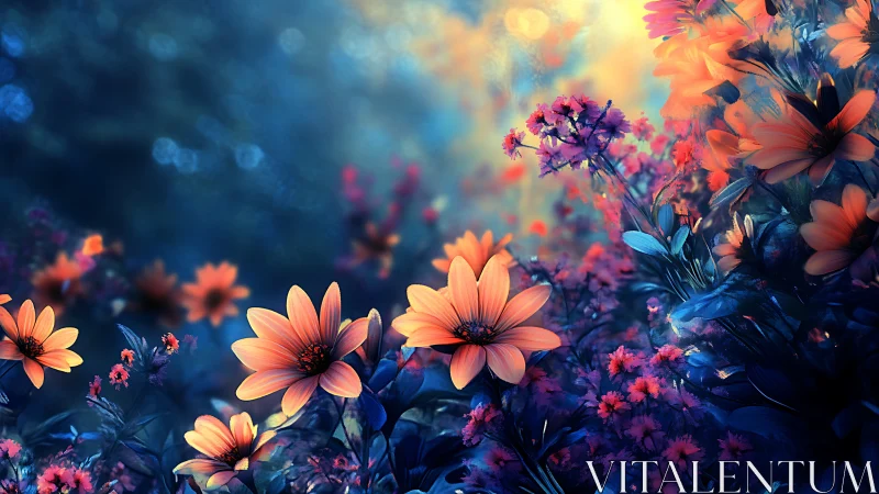 Luminous fantasy wildflowers under deep blue twilight glow.