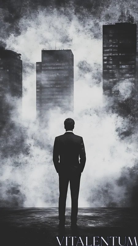 Solitary silhouette confronting a storm veiled cityscape.