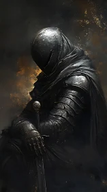Armored figure holds sword in low light against dark backdrop